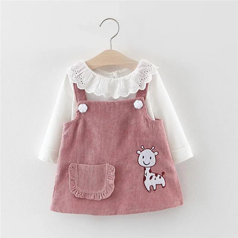 Front view of the Corduroy Suspender Dress Top Set for kids