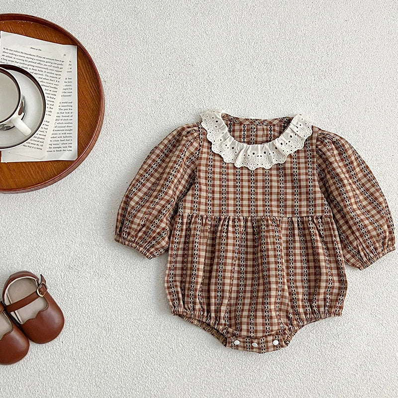 Lace Collar Checkered Romper laid flat showing full design