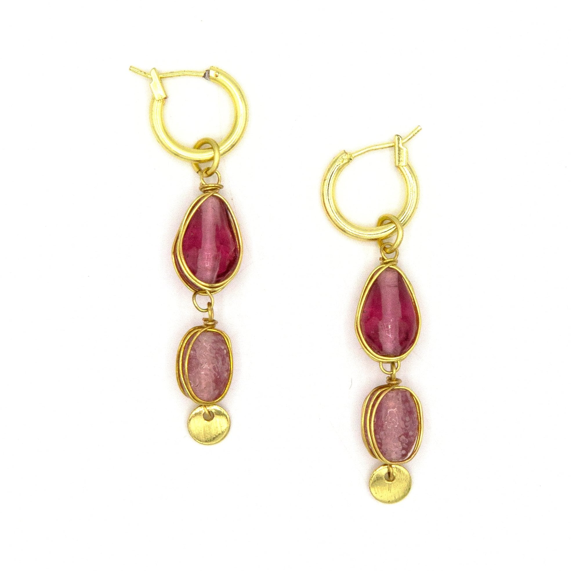 Sherbet Glass Bead Drop Earrings with mauve recycled glass beads and gold-plated recycled brass hoop by Fair Anita