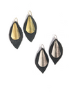 Artillery shield earrings made from recycled brass bullet casings and leather, Fair Anita