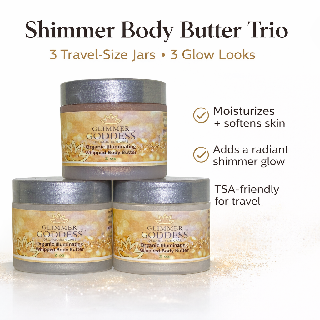 Glimmer Goddess Organic Shimmer Body Butter Trio – three 2 oz travel jars in Bronze, Diamond, and Gold shimmer shades