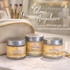 Glimmer Goddess shimmer body butter trio set with Rose Gold, Bronze, and Diamond jars on a flat lay surface