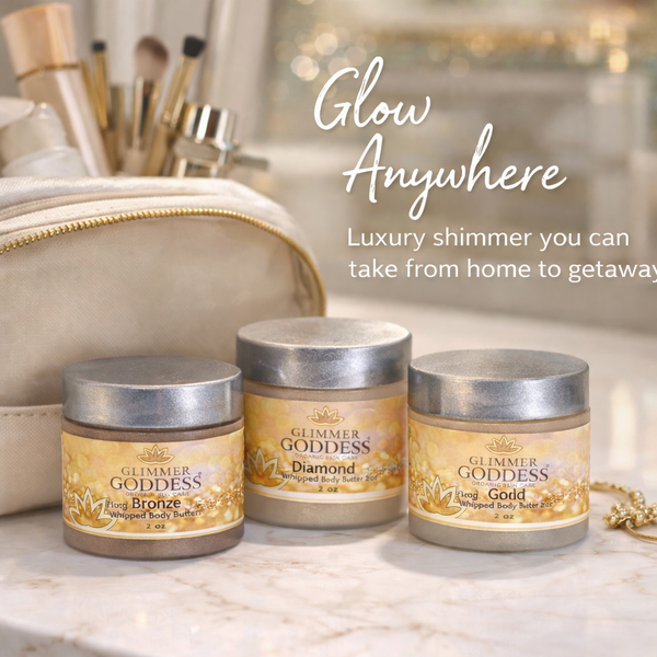 Glimmer Goddess shimmer body butter trio set with Rose Gold, Bronze, and Diamond jars on a flat lay surface