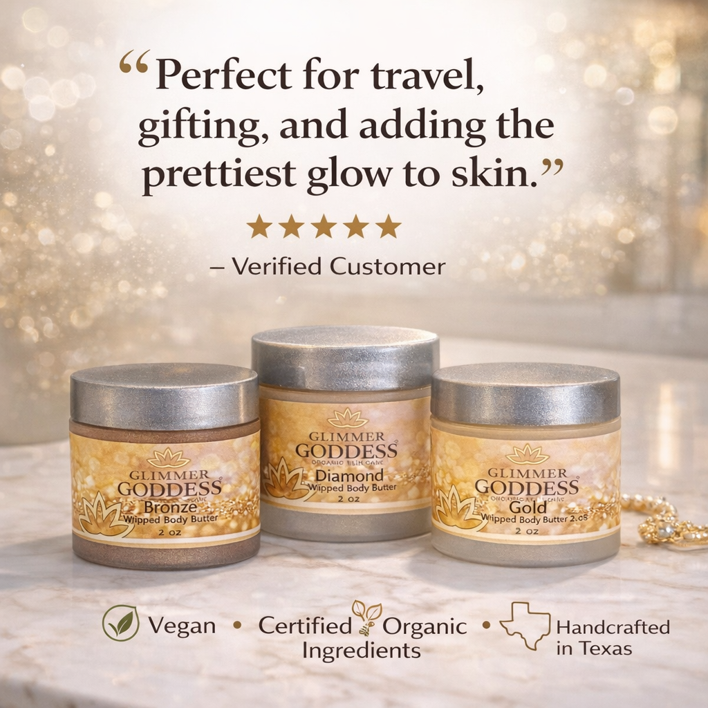 Close-up of organic shimmer body butter texture showing light-catching gold shimmer finish on skin