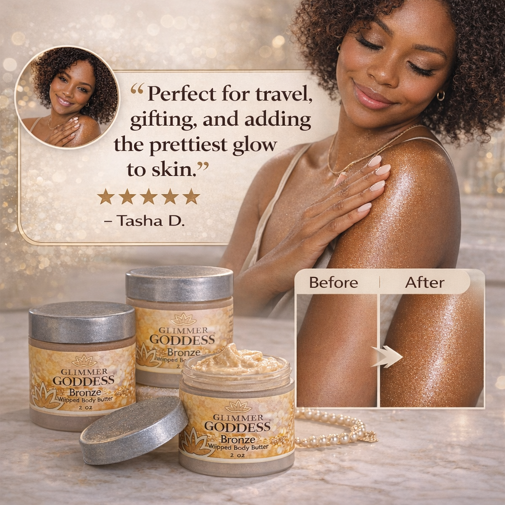 Three TSA-friendly shimmer body butter jars from Glimmer Goddess arranged together, handcrafted in Texas