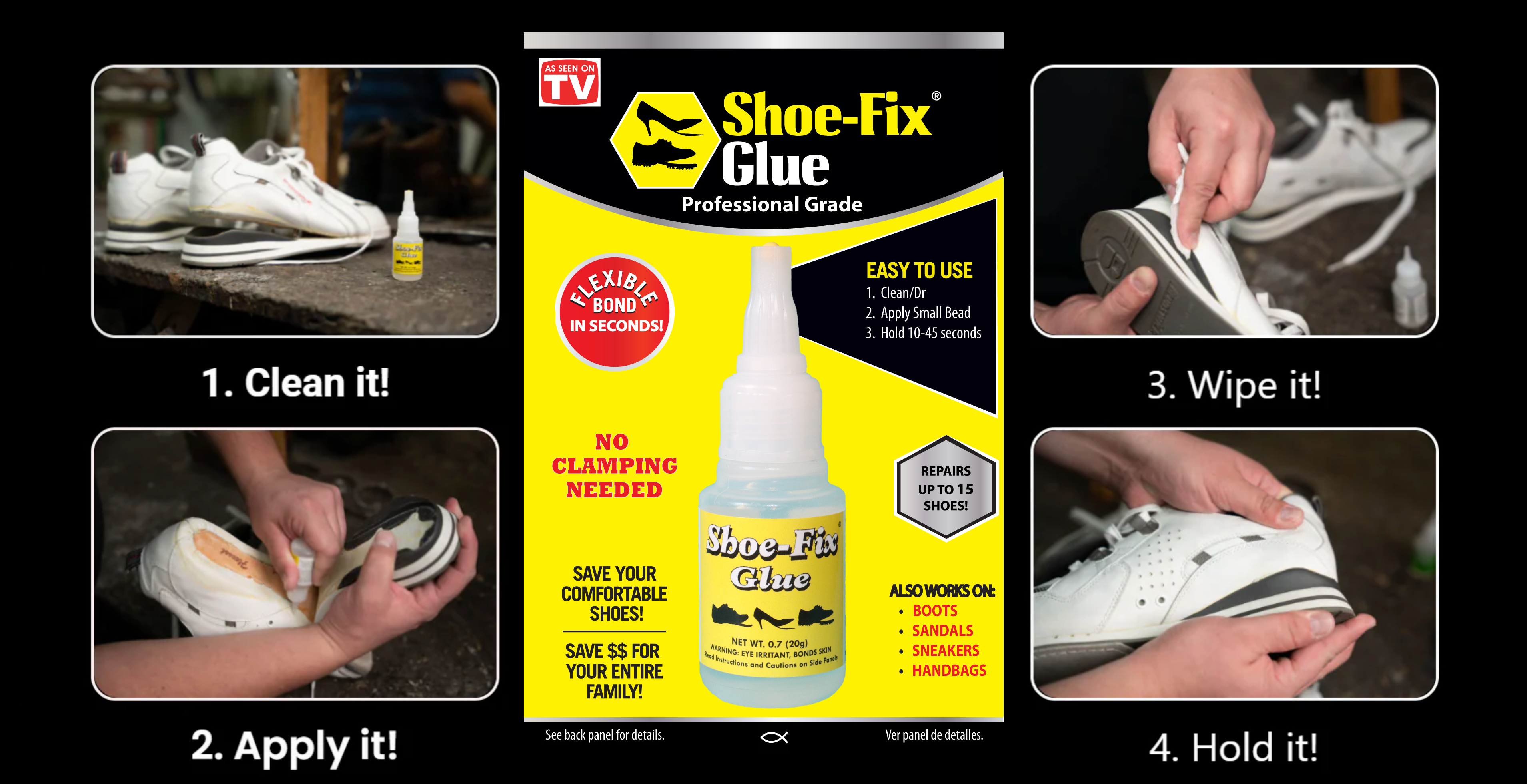 Four-step guide showing how to use Shoe-Fix Glue to repair shoe soles