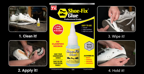 Four-step guide showing how to use Shoe-Fix Glue to repair shoe soles