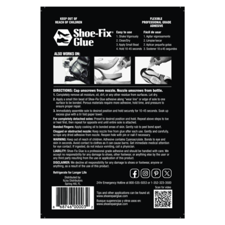 Back label of Shoe-Fix Glue BLACK showing product directions and details