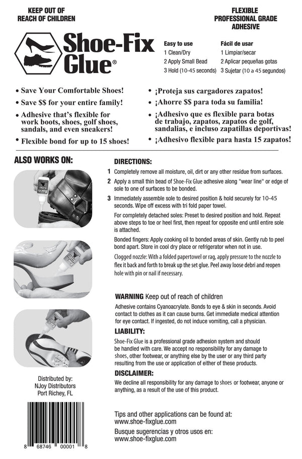 Shoe-Fix Glue blister packaging with UPC — sole repair adhesive for all footwear