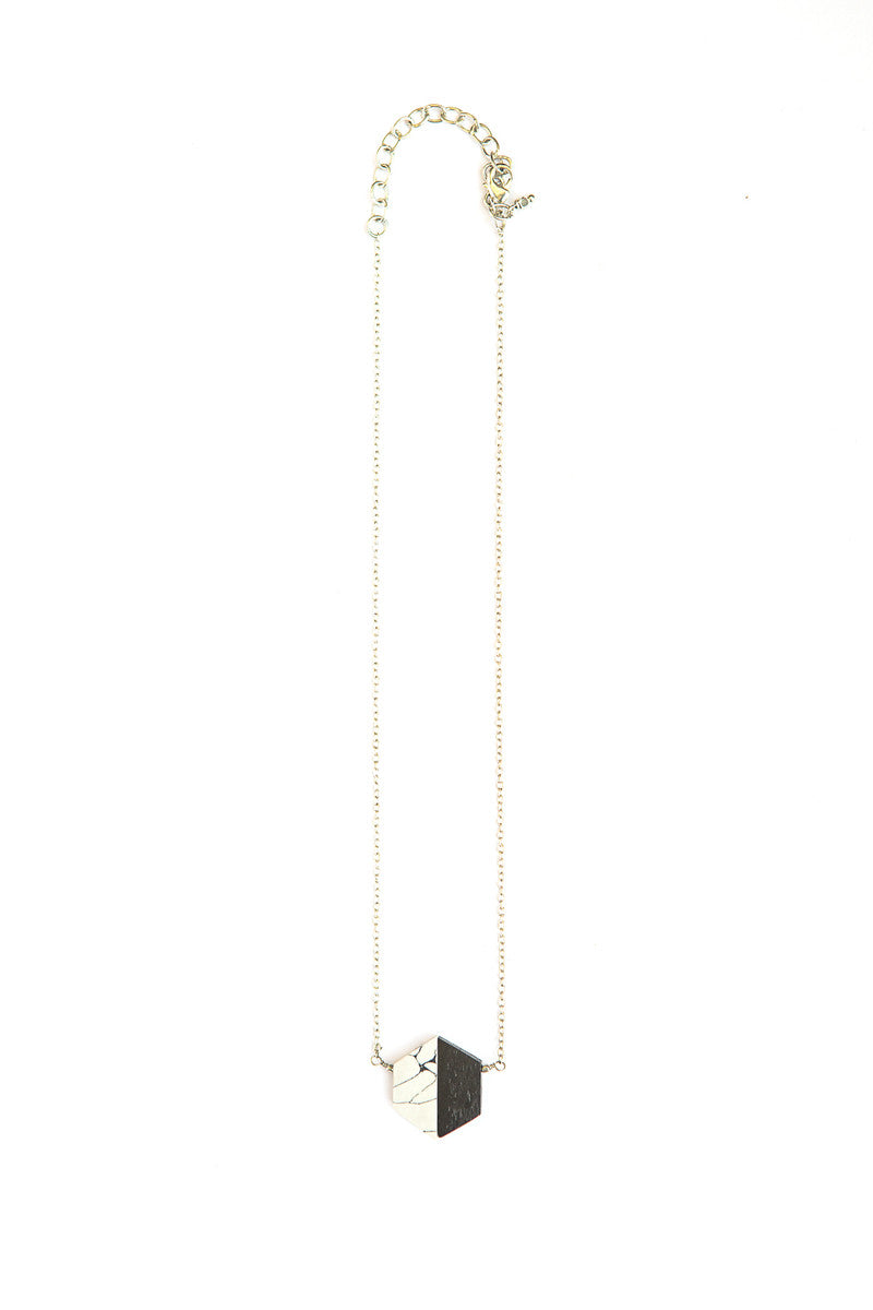 Short black hexagon necklace displayed flat, showing 16-inch chain with 3-inch extender