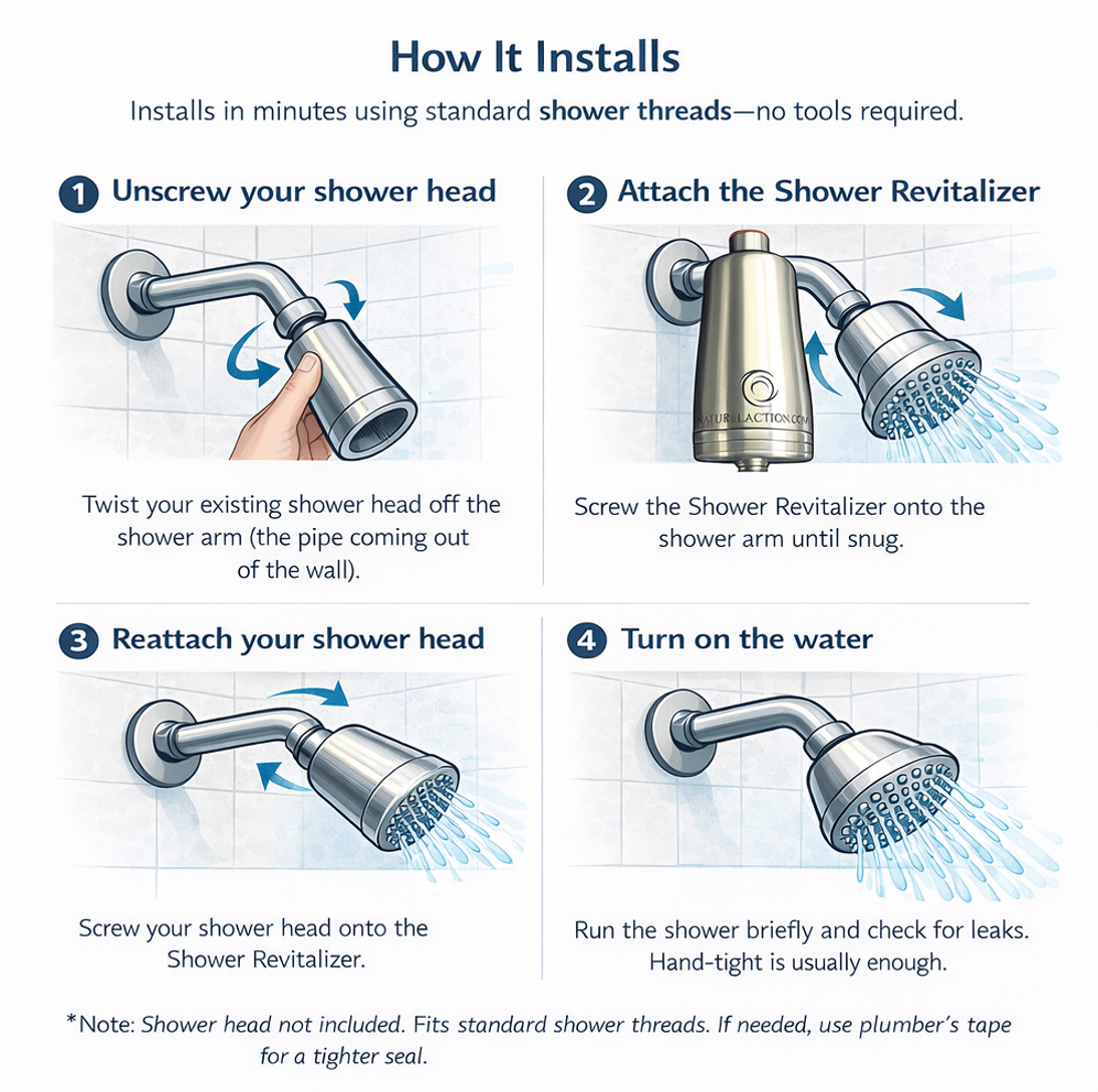 Step-by-step installation guide for the Natural Action Shower Revitalizer on a standard shower arm