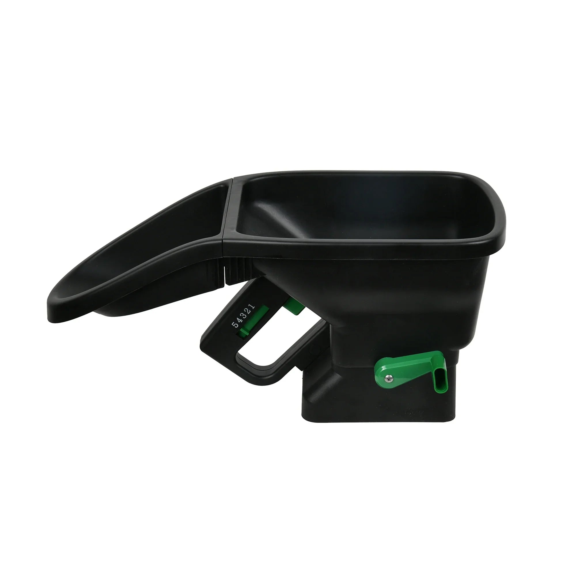 Black and green fertilizer spreader on a white background