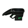 Black and green fertilizer spreader on a white background