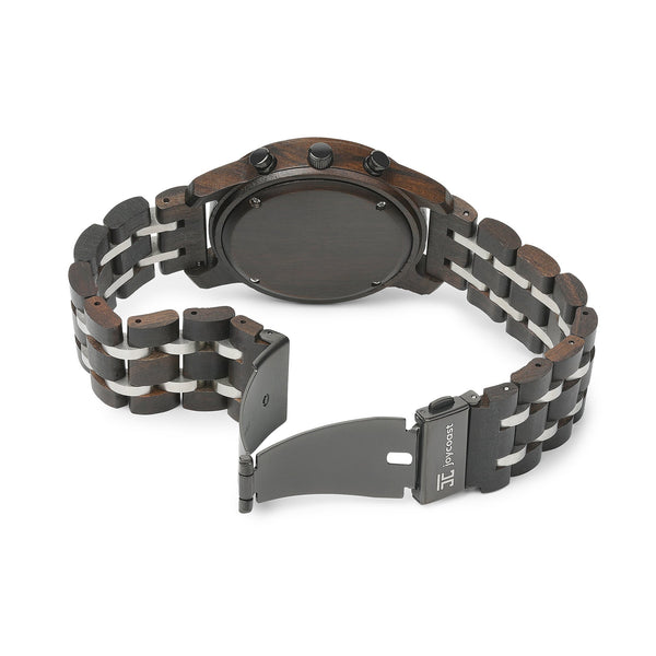 Joycoast Silver Fox wooden chronograph watch featuring a dark sandalwood band and 45mm case