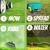 Steps to maintain a lawn with mowing, spreading, raking, and watering depicted.