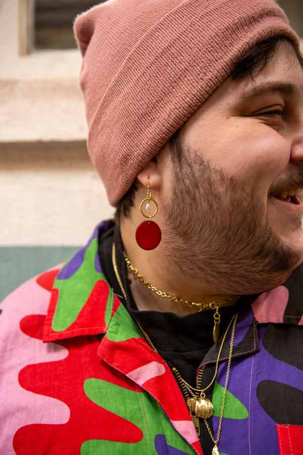 Fair Anita maroon and gold Minnesota pride bone earrings made from upcycled animal bone and recycled brass