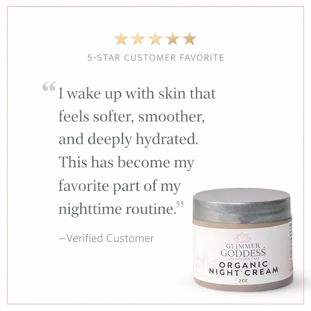 Close-up of Glimmer Goddess Skin Renewal Night Cream texture – lightweight, non-greasy formula