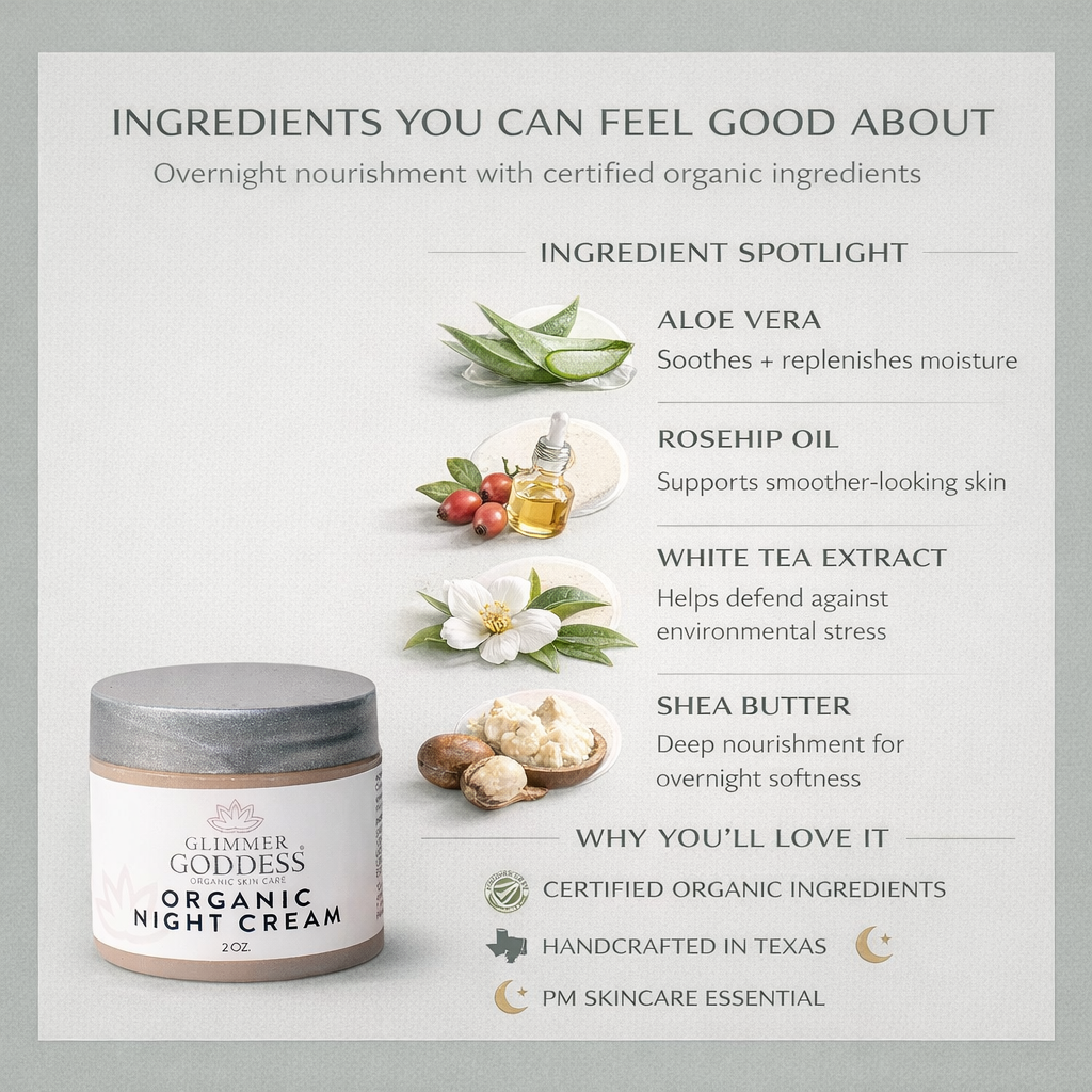 Glimmer Goddess organic night cream product detail – vegan, cruelty-free, handcrafted in Texas
