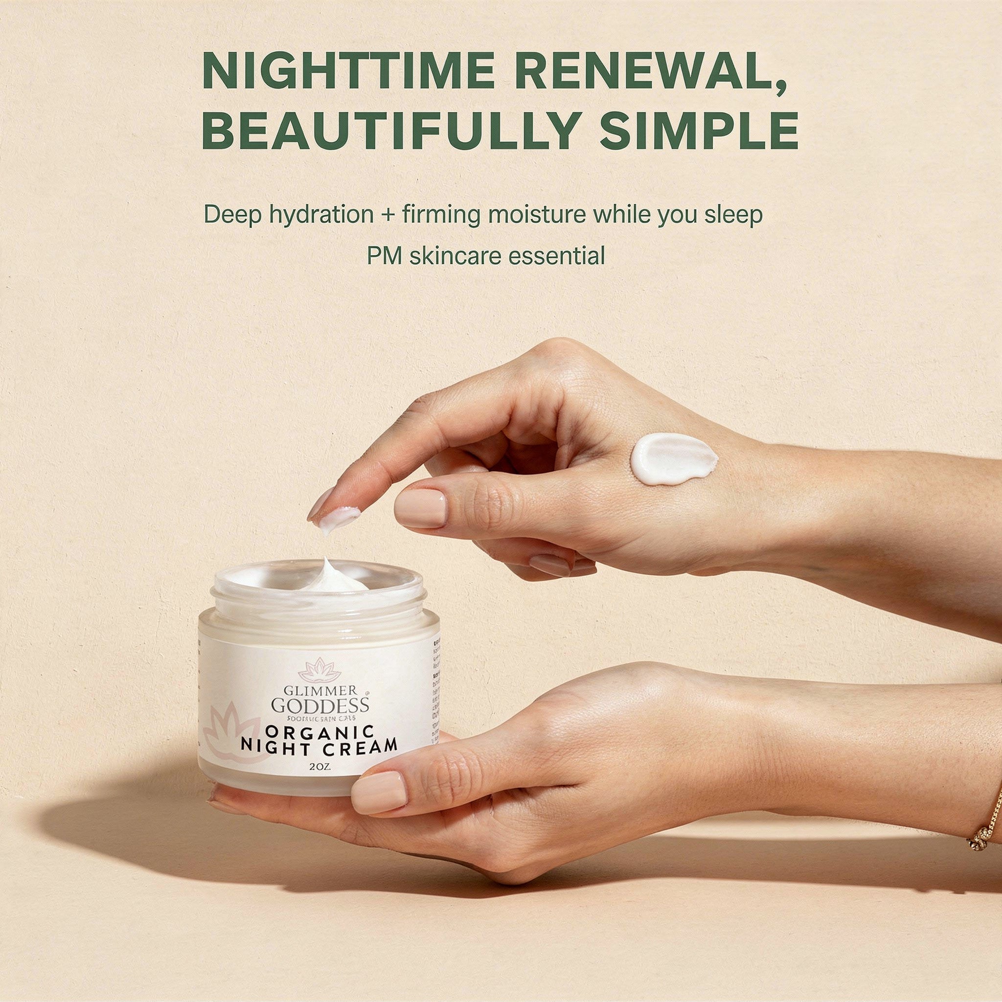 Lifestyle flat lay of Glimmer Goddess organic night cream for overnight skin renewal and anti-aging