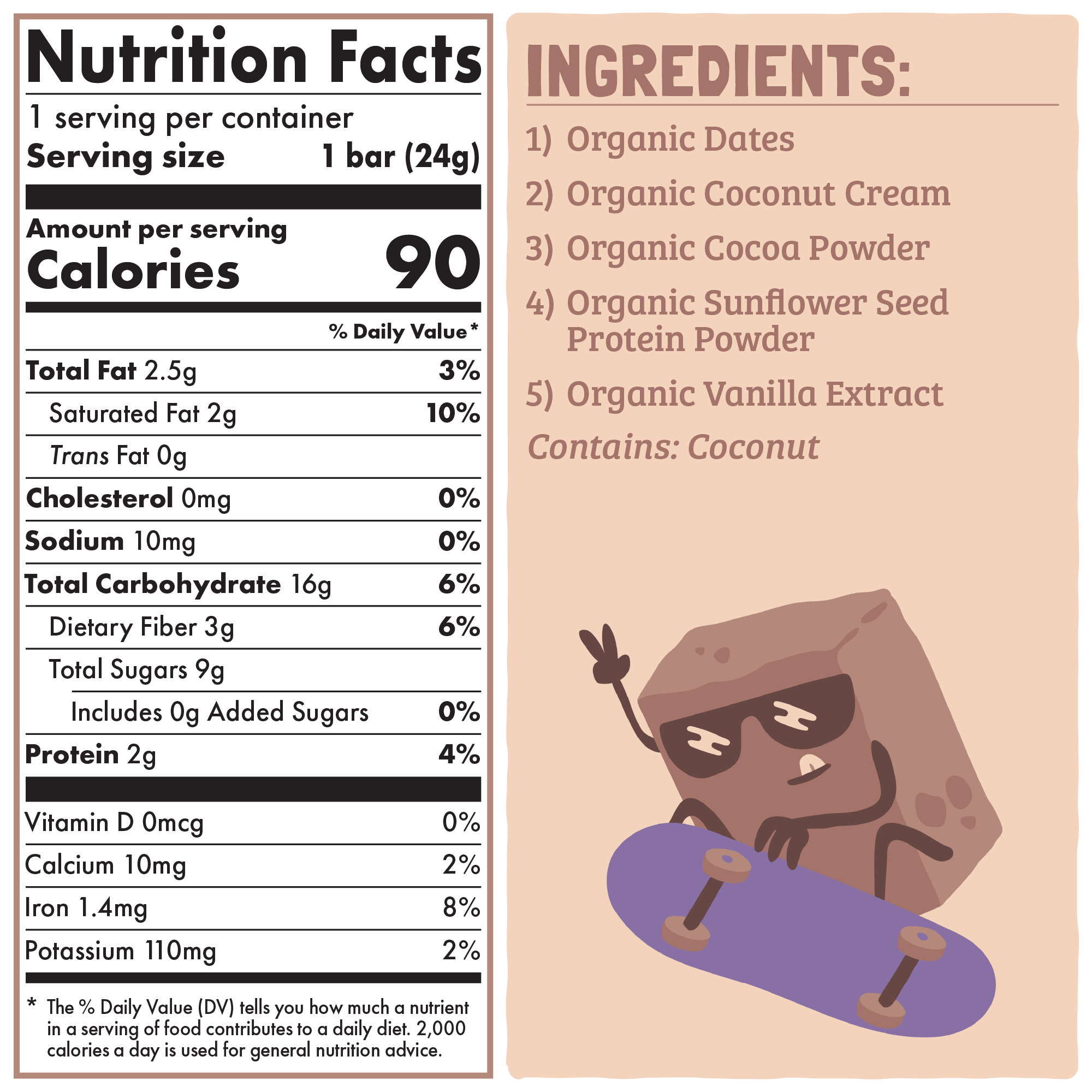 Nutrition facts and ingredients label with a cartoon character on a skateboard.