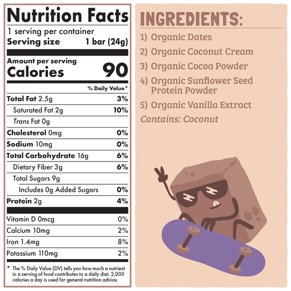Nutrition facts and ingredients label with a cartoon character on a skateboard.