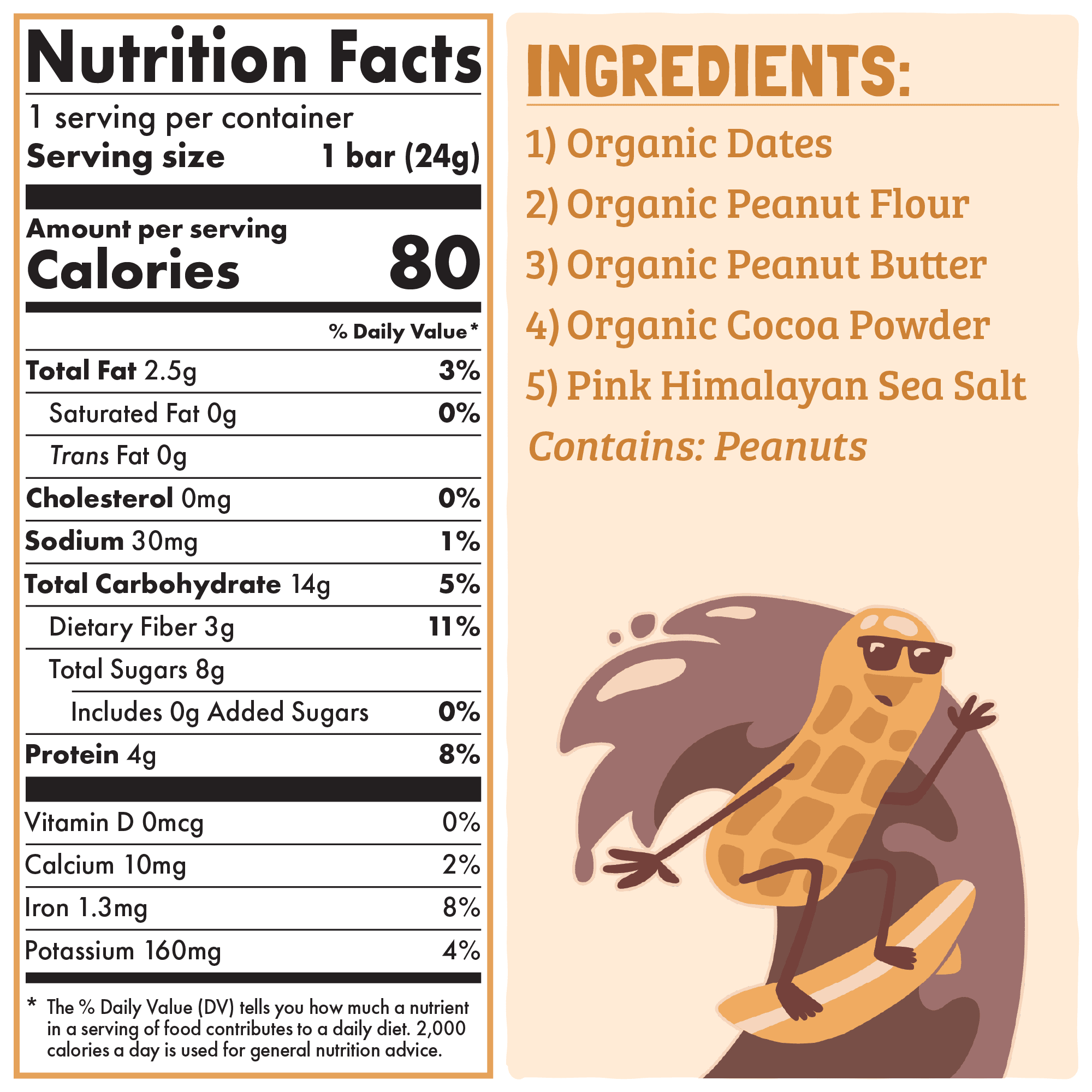 Nutrition facts and ingredients label for a product with a cartoon peanut character on a beige background.