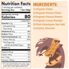 Nutrition facts and ingredients label for a product with a cartoon peanut character on a beige background.
