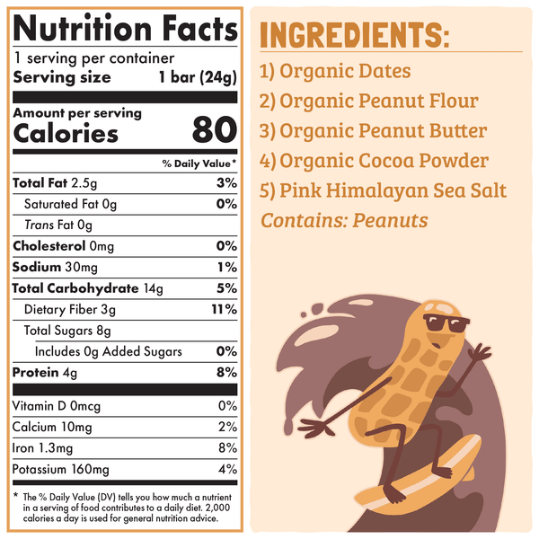 Nutrition facts and ingredients label for a product with a cartoon peanut character on a beige background.