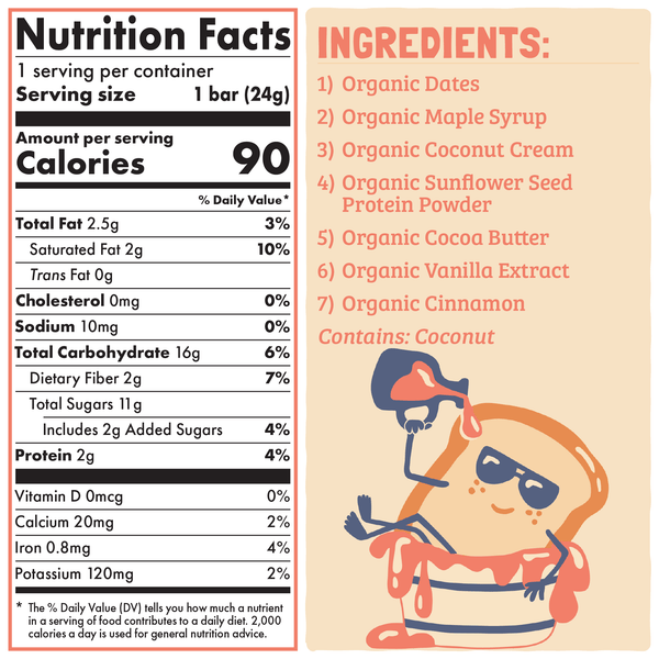 Skout Organic French Toast Kids Bar nutrition and ingredients label — organic, dairy-free, egg-free