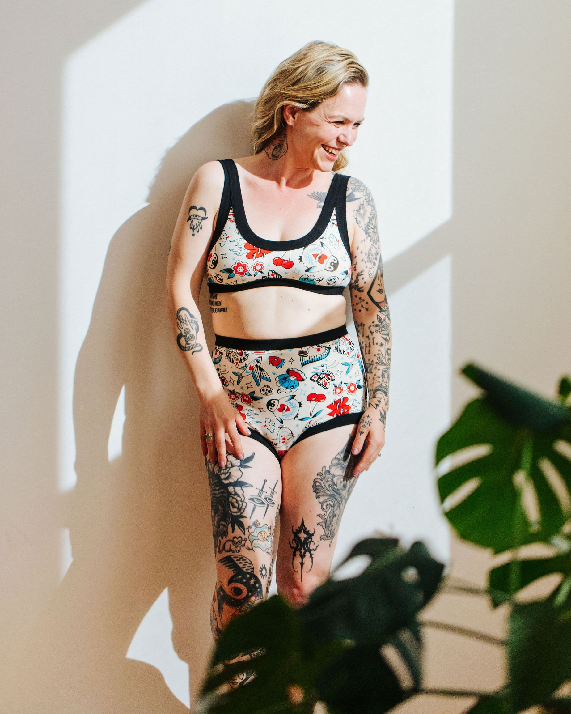 Front view of Sky Rise Inked Up high-rise underwear featuring whimsical tattoo-style characters