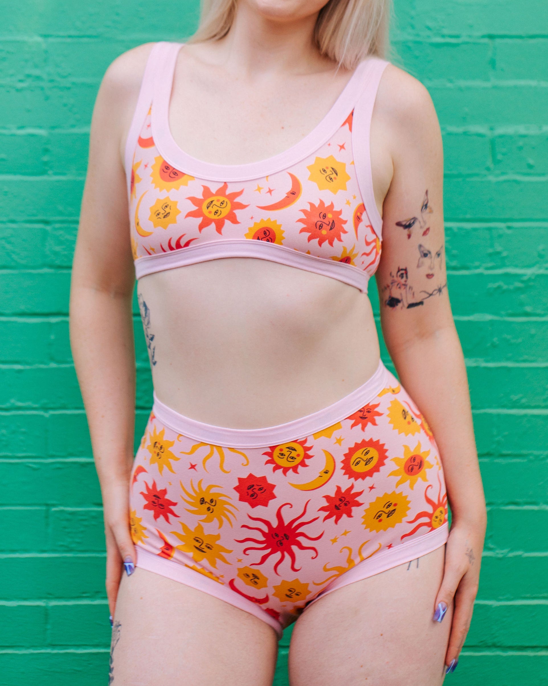 Close-up of Luna y Sol print on Thunderpants Sky Rise underwear — original artwork by Greta Menzies