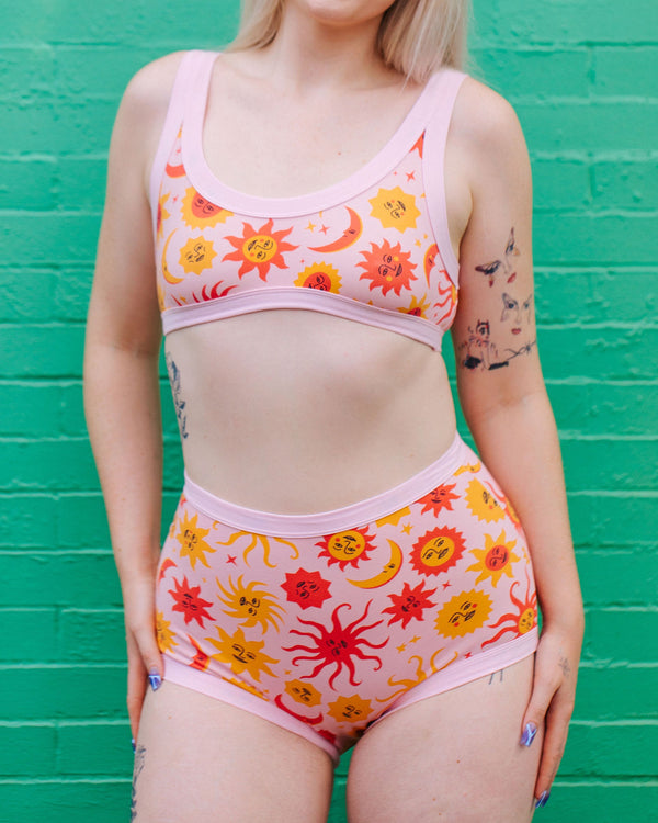 Close-up of Luna y Sol print on Thunderpants Sky Rise underwear — original artwork by Greta Menzies