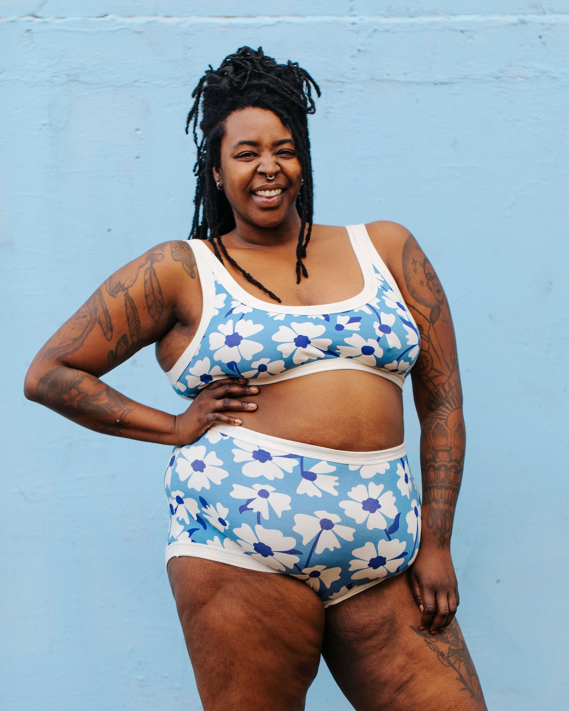 Thunderpants Sky Rise Moody Blooms high-rise underwear worn by model, front view