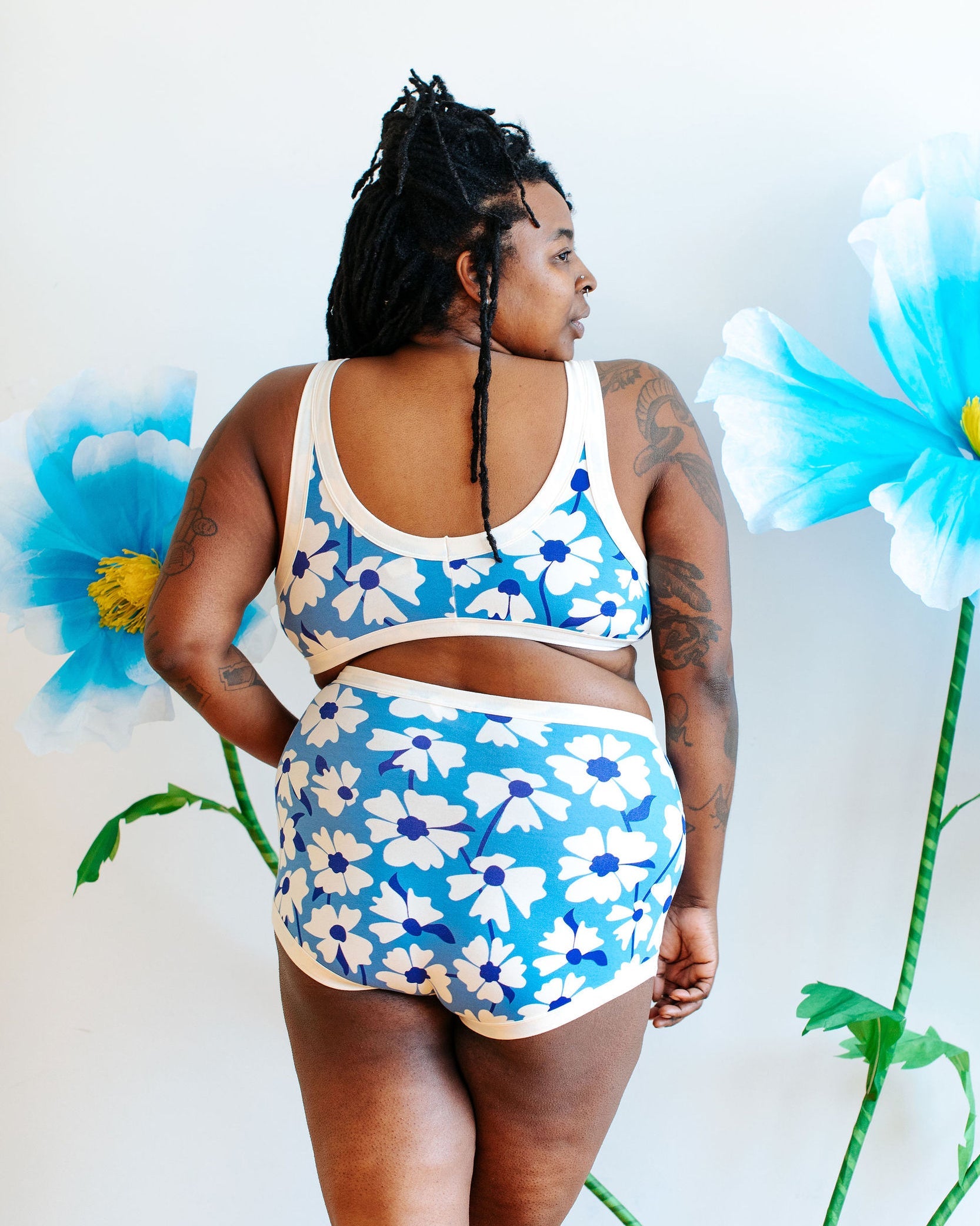 Thunderpants Sky Rise Moody Blooms organic cotton underwear, back view on model
