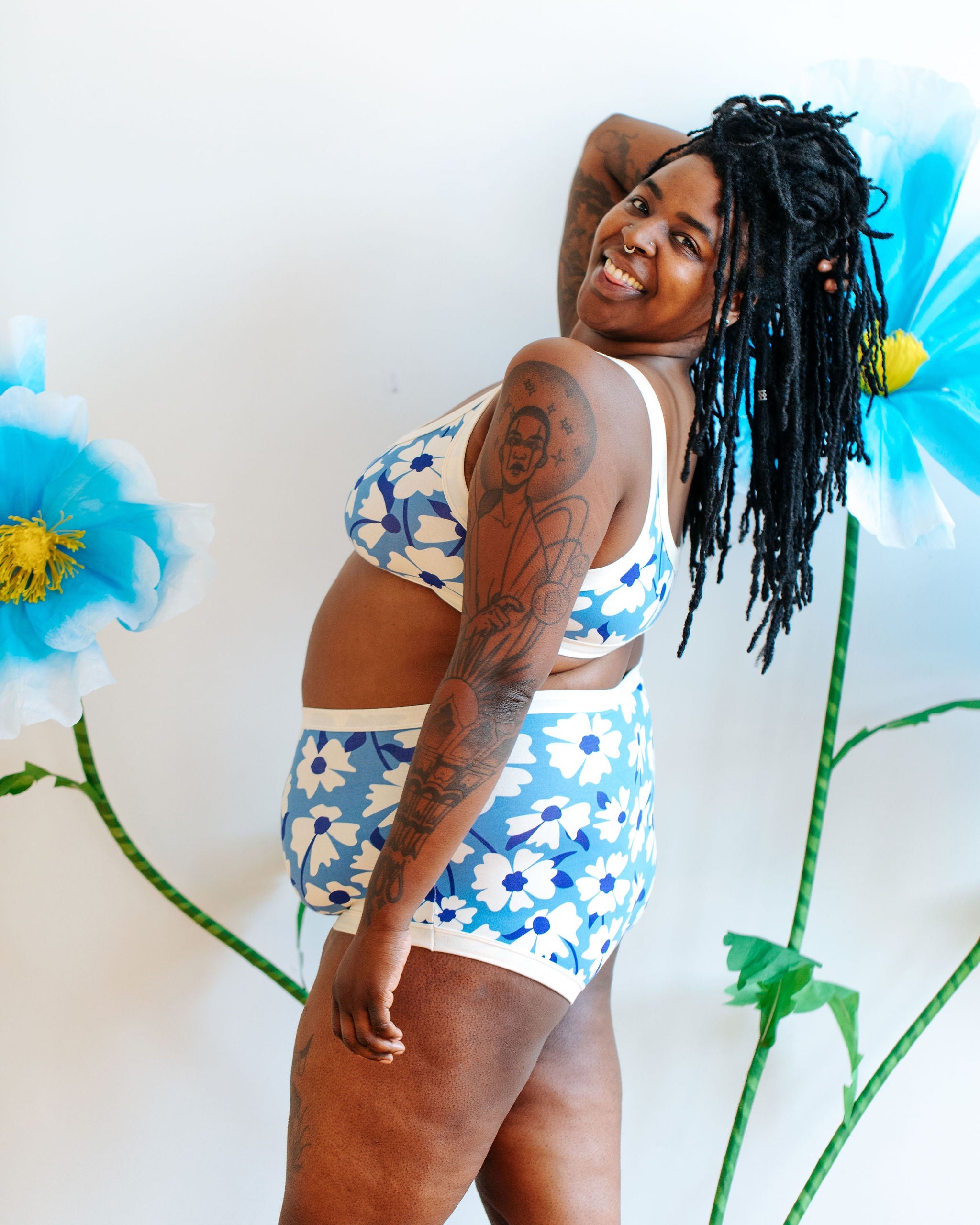 Close-up of Moody Blooms floral print detail on Thunderpants Sky Rise underwear