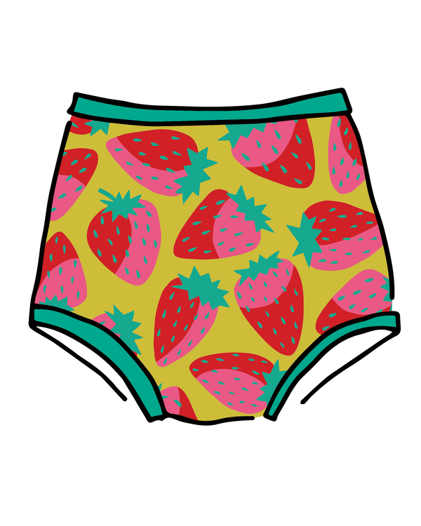 Colorful children's underwear with strawberry pattern on a white background