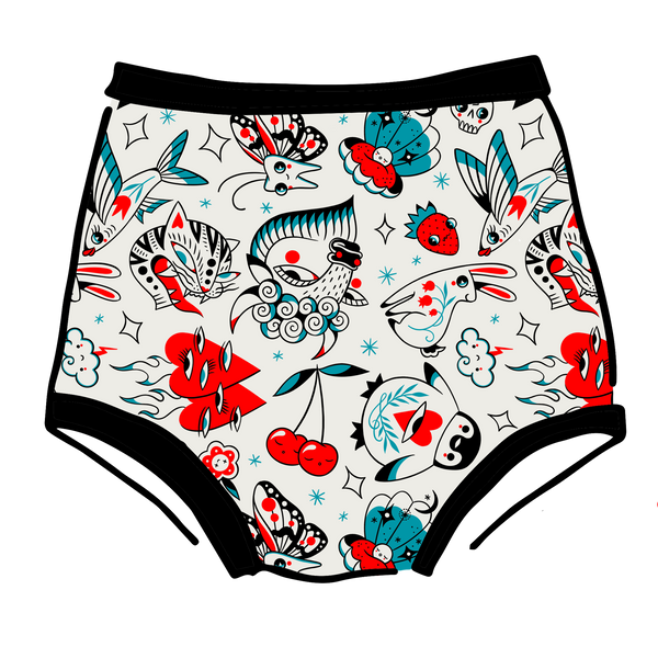Thunderpants Sky Rise Inked Up underwear with all-over tattoo illustration print by Connie Gabbert