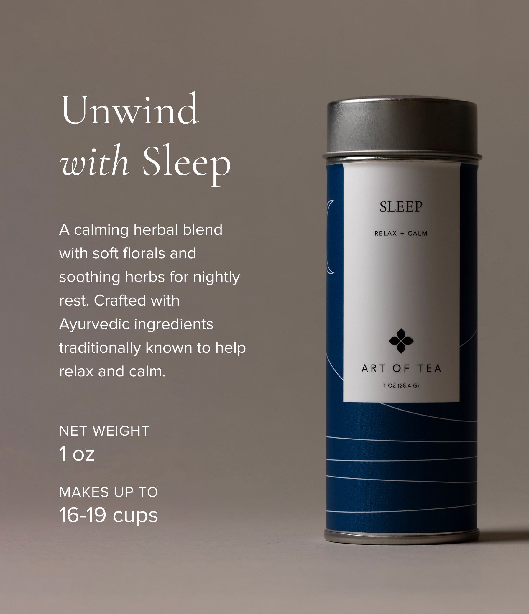 Art of Tea Sleep Blend tin packaging for calming bedtime tea