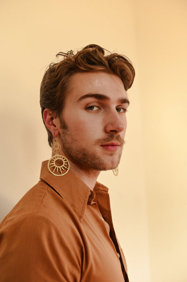 Sol Statement Earrings styled with hammered brass cuff, ethically made jewelry by Fair Anita