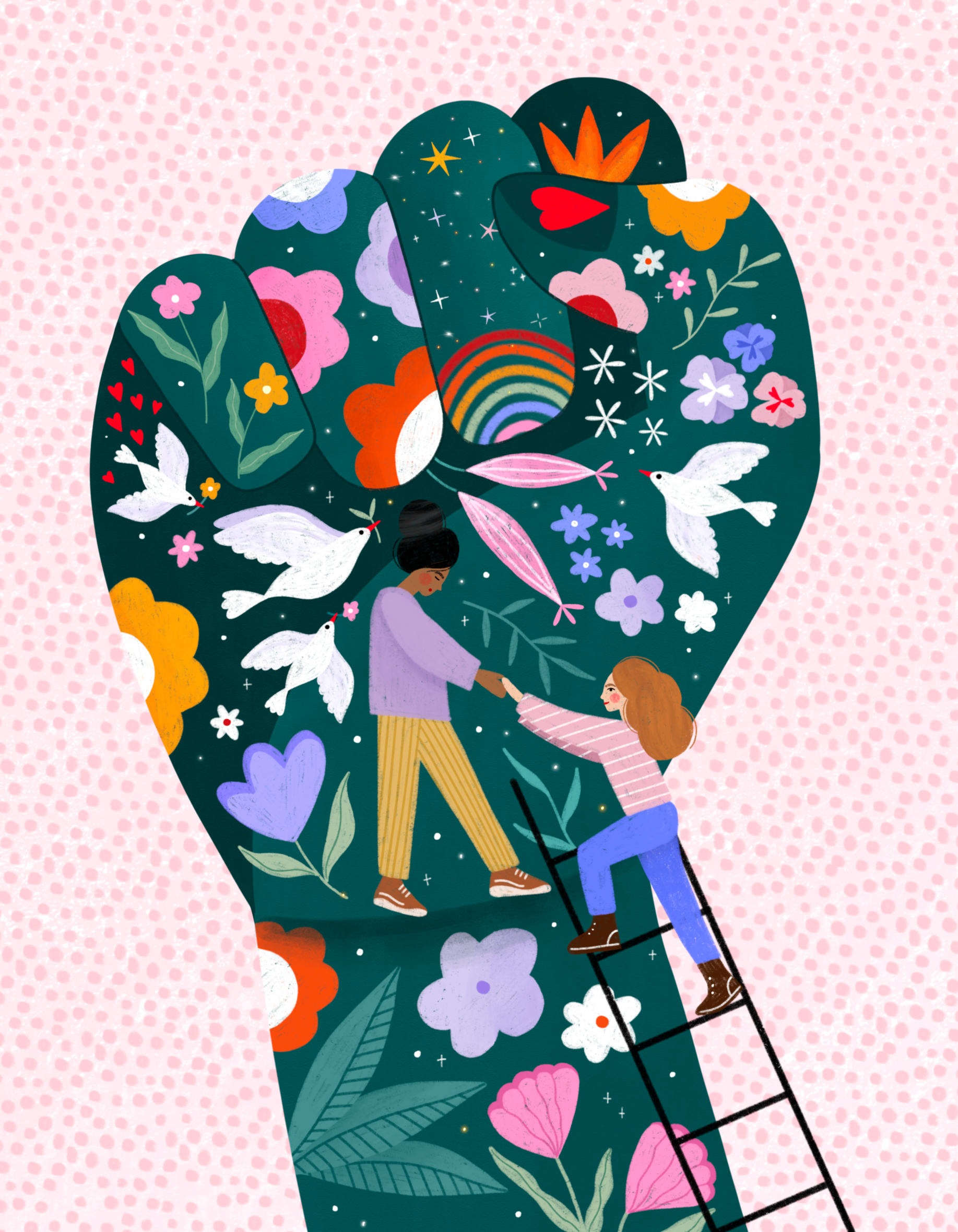 Illustration of two people holding hands with a colorful glove-shaped background on a pink polka dot background.