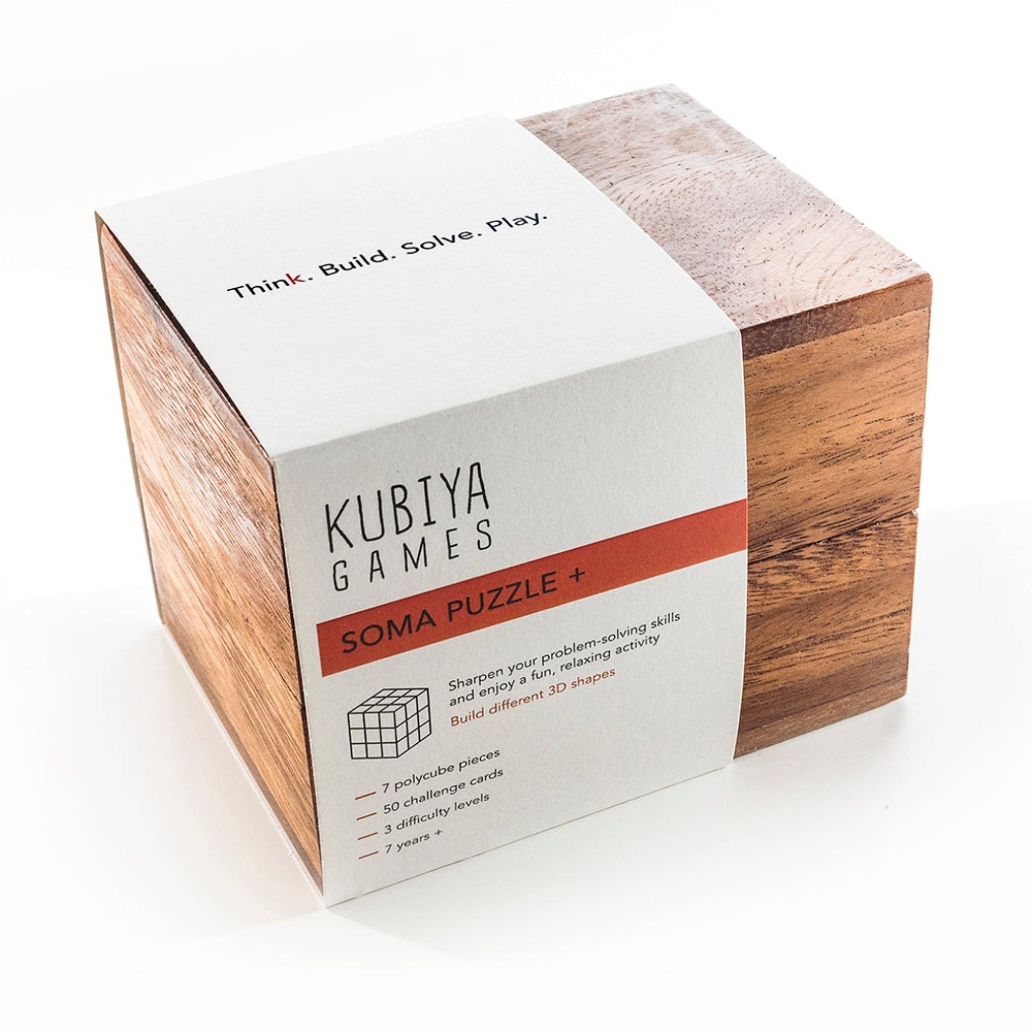 Wooden puzzle box with Kubiya Games branding on a white background