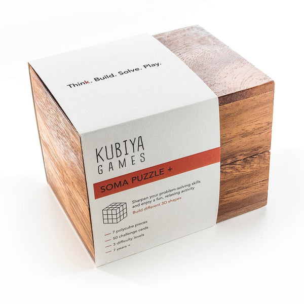 Wooden puzzle box with Kubiya Games branding on a white background