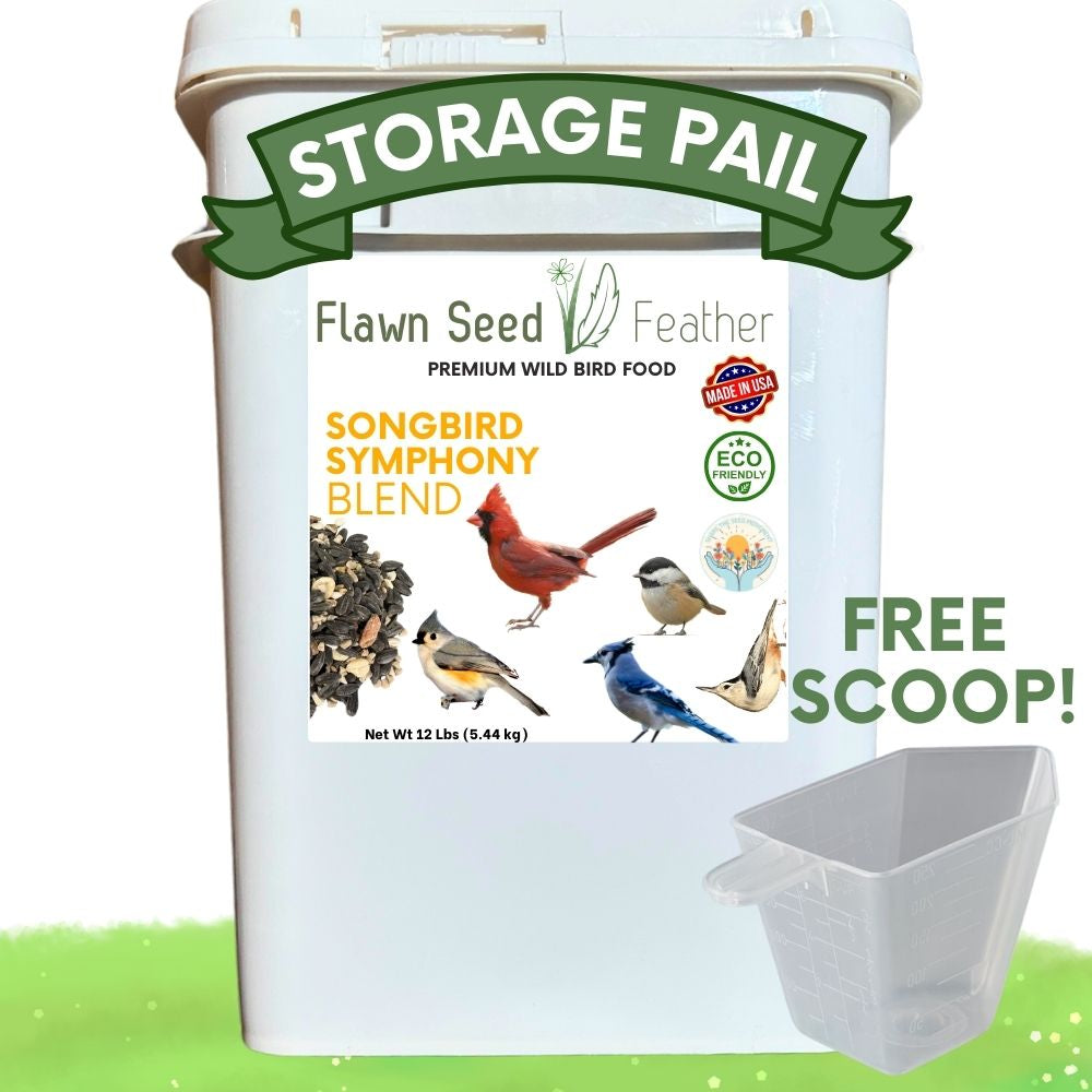 Flawn Seed Feather storage pail with bird seed and a free scoop on a white background