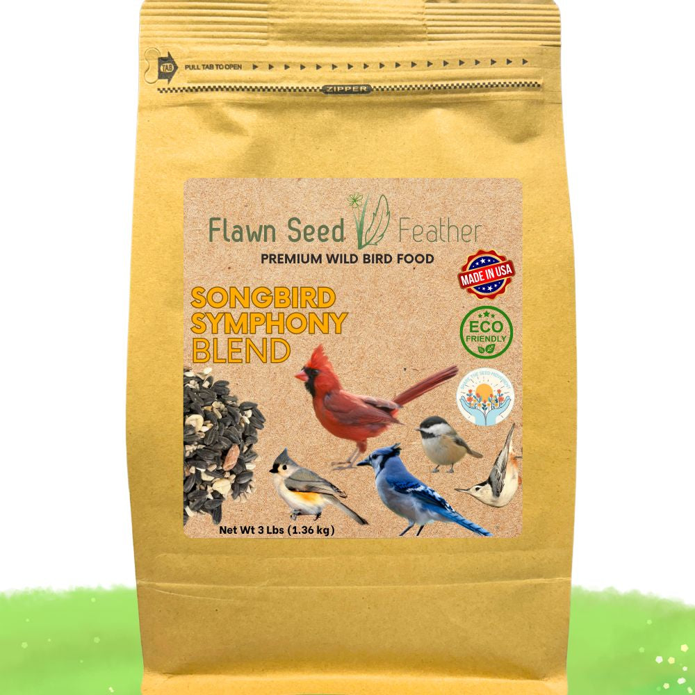 Bag of Flawn Seed Feather Songbird Symphony Blend bird food with images of birds on a beige background.