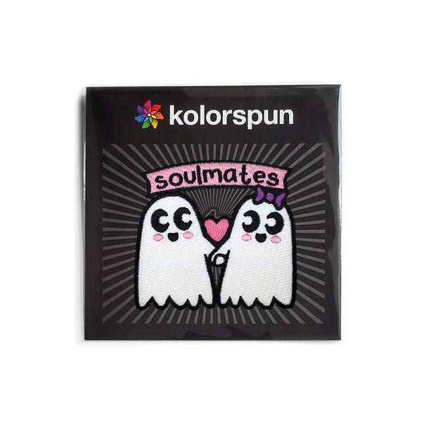 Adorable "Soulmates" patch - iron-on or hook & loop, 3", durable & cute. Spice up jackets, backpacks, bags & more! Perfect couple gift. Shop Kolorspun now!