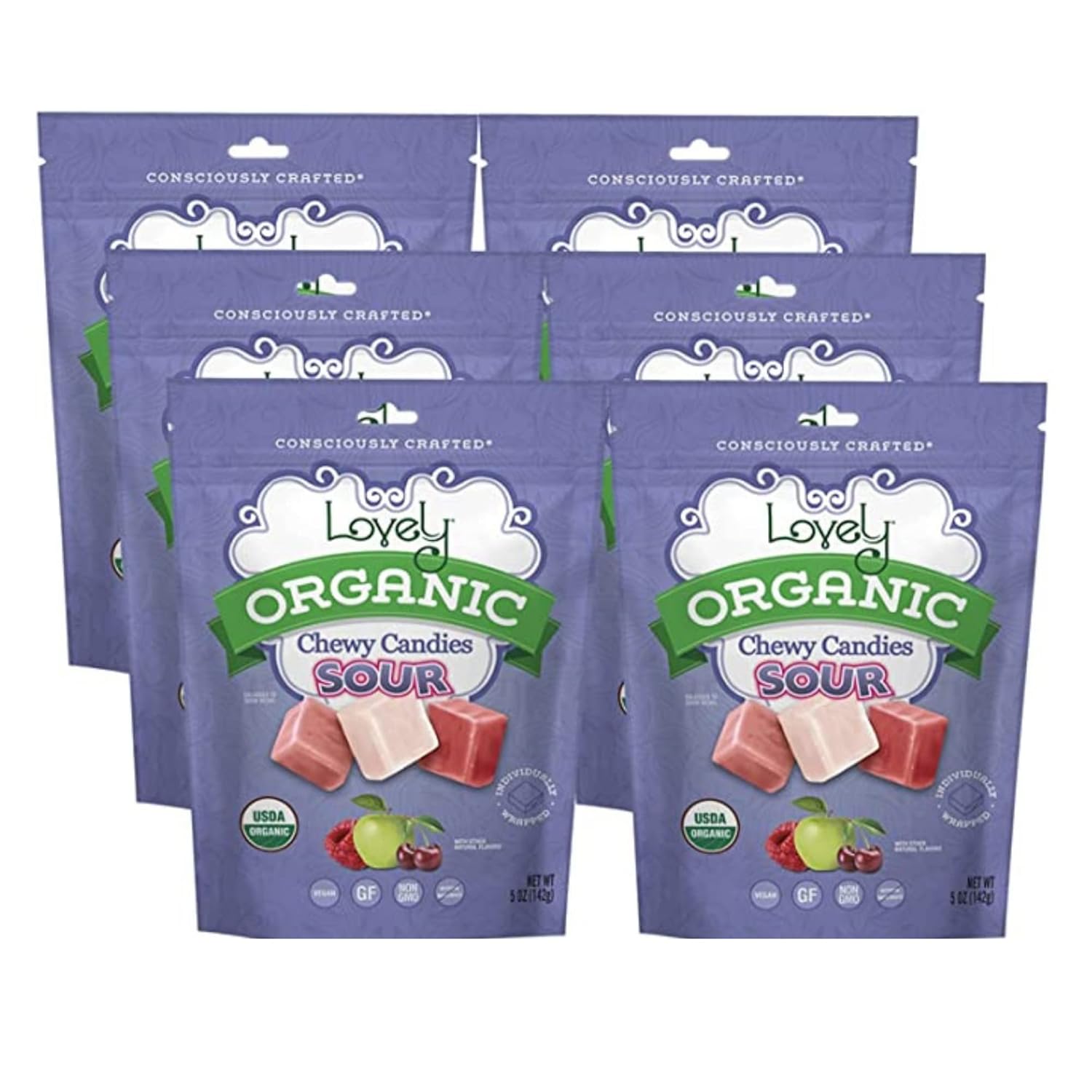 Multiple packages of Lovely Organic Chewy Candies Sour on a white background