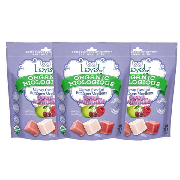 Three packages of Lovely Organic Biologique chewy candies on a white background