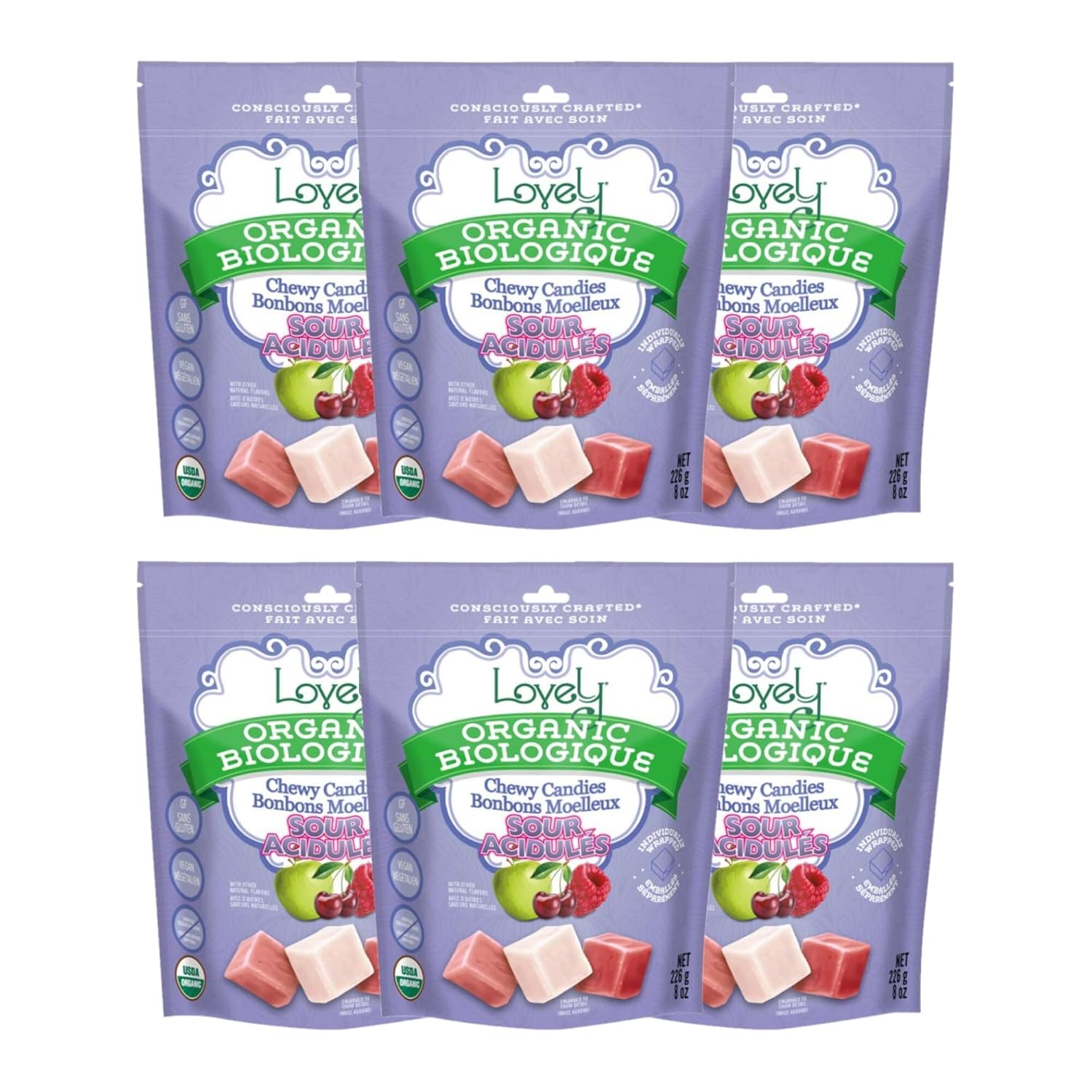 Four packages of 'LooLuv' organic gummy treats on a white background