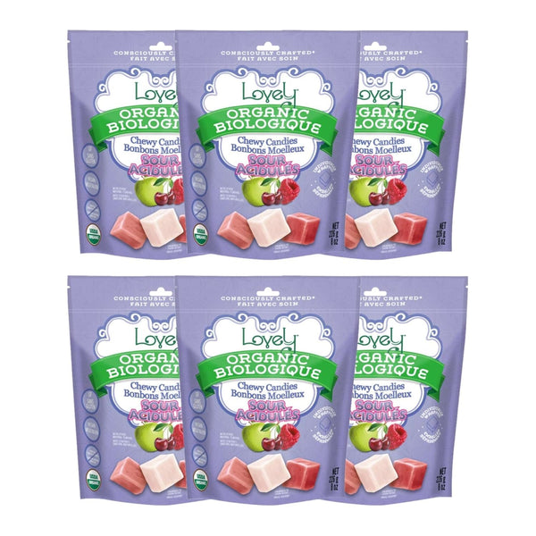 Four packages of 'LooLuv' organic gummy treats on a white background