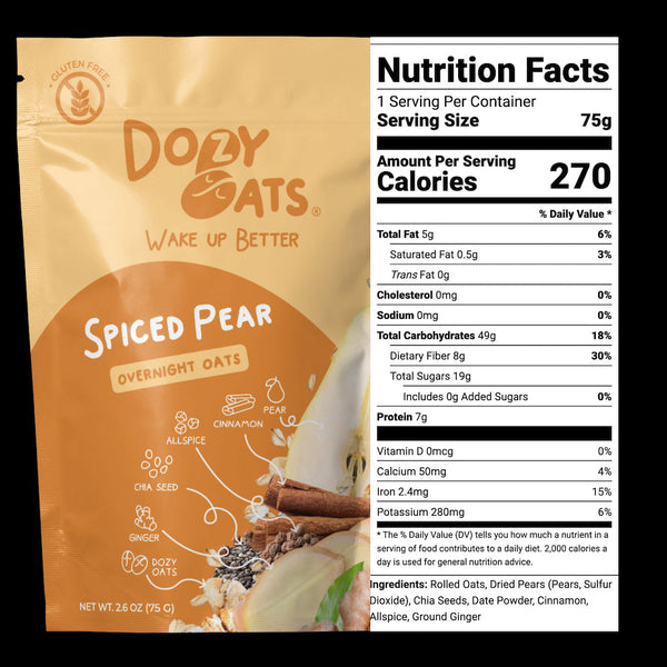 Dory Oats Spiced Pear overnight oats package with nutrition facts label.